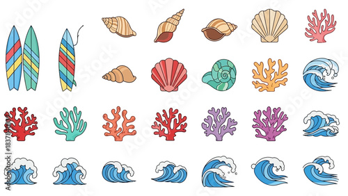 Beachy layout Surfboards shells coral and waves in rows