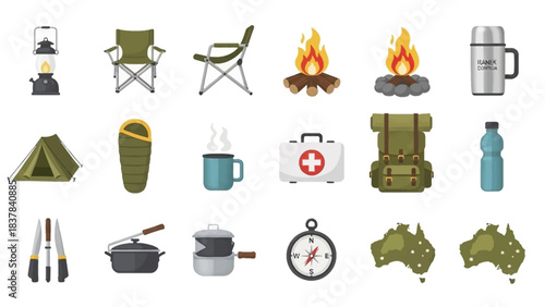 Camping gear set lantern chair tent campfire mug backpack knife compass map