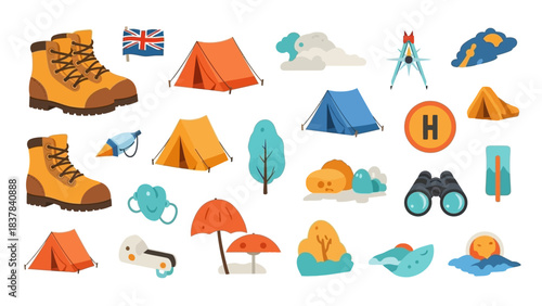 Camping icons boots tent flag map compass binocular
