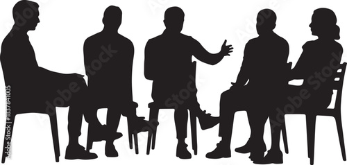 silhouette group of discussion icon five people in circle teamwork communication vector illustration