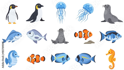 Cartoon sea life display with penguins jellyfish seals and diverse fish types