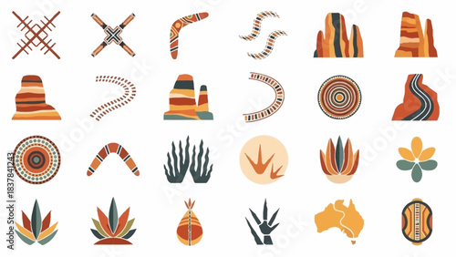 Collection of 21 icons with Australian Aboriginal themes in earth tones