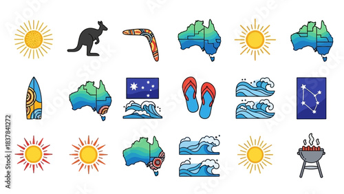 Collection of Australianthemed icons including sun kangaroo map waves  BBQ