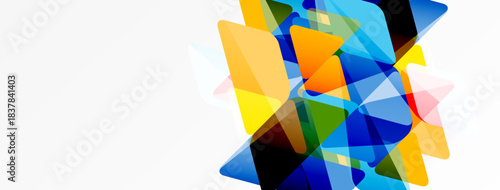 Abstract colorful shapes overlap, creating dynamic composition. Bright hues contrast against white background. Modern design element.