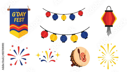 Festivities displayed with banners lanterns fireworks and a drum