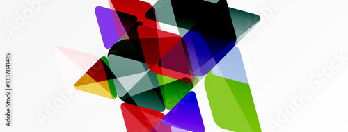 Abstract composition featuring overlapping translucent shapes. Colors include red, green, purple, blue, gray. Minimalist design, clean aesthetic.