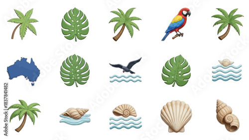 Fifteen distinct illustrations depict a tropicalcoastal theme