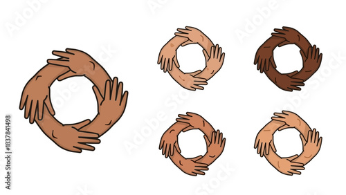 Five circles formed by diverse hands representing unity strength  inclusivity arranged on a white background