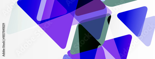 Abstract shapes overlap, creating vibrant purple, blue tones. Minimalist design, clean background, modern aesthetic.