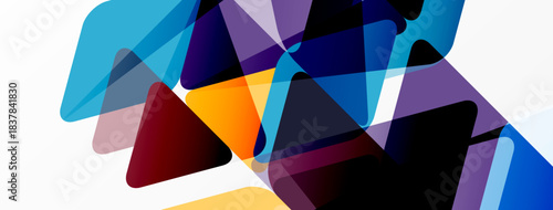 Abstract geometric shapes overlap, creating vibrant color blends. Composition features blues, purples, oranges, reds on white background.