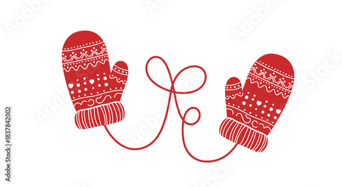 Pair of red winter mittens connected by a string, featuring white festive patterns and symbolizing connection and warmth.