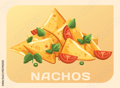 Vibrant illustration of mouthwatering pile of nachos, the perfect appetizer or snack for any occasion food icon. Cartoon vector image of crispy tortilla chips generously topped with fresh tomatoes