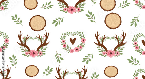 Seamless pattern featuring whimsical deer antlers adorned with pink flowers, heart-shaped wreaths, and natural wood slices, evoking a rustic charm.