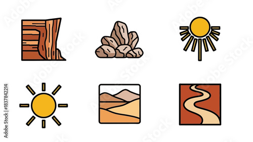 Six icons canyon rocks sun with rays mountain desert and road