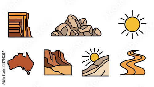 Six icons show desert environments cliffs rocks sun Australia canyon and a winding path