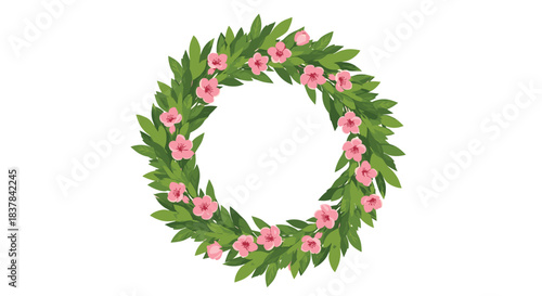 A vibrant botanical wreath featuring lush green leaves and delicate pink blossoms, perfect for spring and celebratory designs.