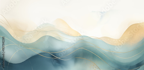 Serene harmonious watercolor artwork of gentle, panoramic landscape in soft hues of blue and gold, a sunrise over rolling hills or waves. Abstract flowing lines of aerial view, beauty and tranquility