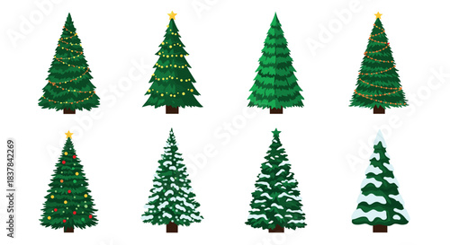 Stylized set of green Christmas trees, featuring decorated firs with lights and ornaments, alongside snow-covered winter pines.