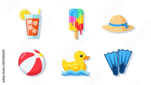 Six summerthemed icons are arranged on a white background
