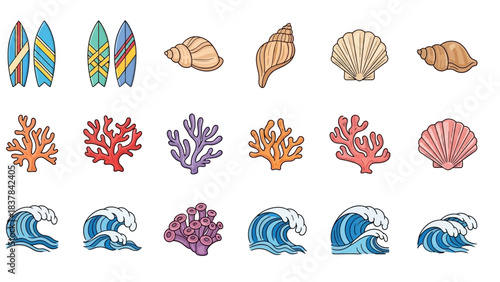 Surfboards shells coral  waves depicted in colorful cartoon drawings organized in rows