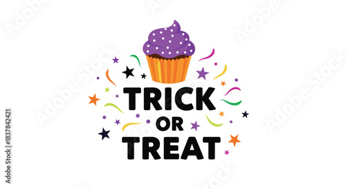 Vibrant Halloween greeting with a purple cupcake, colorful stars, and confetti, featuring the iconic 'Trick or Treat' phrase.