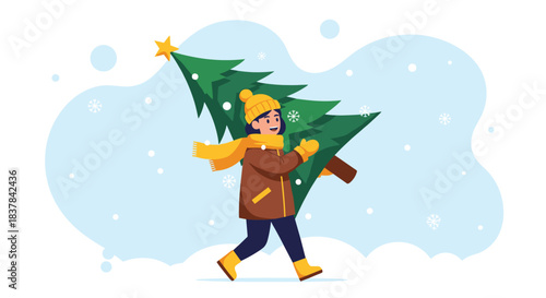 A person bundled in winter clothes walks through the snow, happily carrying a freshly cut Christmas tree with a star on top, ready for the holidays.