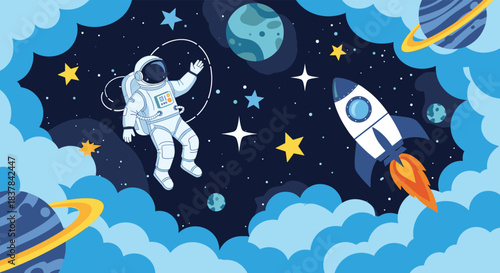 Whimsical cartoon illustration featuring an astronaut, a launching rocket, planets, and stars in a vibrant blue outer space scene framed by fluffy clouds.