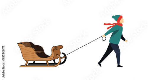 A person dressed in warm winter clothing, including a hat and scarf, walking and pulling a traditional wooden sleigh with a rope.