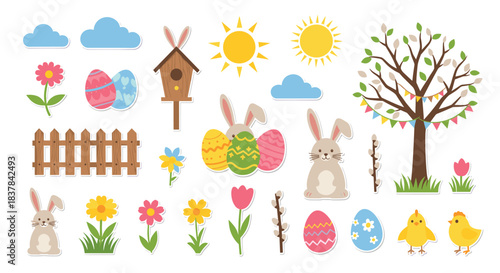 Collection of cute cartoon spring and Easter elements including bunnies, eggs, flowers, chicks, and a festive tree, perfect for holiday designs.
