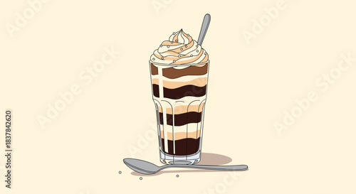 Artistic illustration of a decadent layered coffee or chocolate dessert parfait served in a tall glass with a creamy whipped topping and a spoon, inviting indulgence.