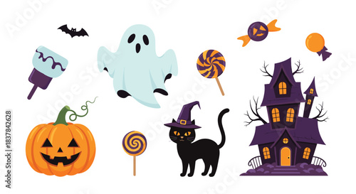 Cute cartoon Halloween illustrations featuring a ghost, pumpkin, black cat, haunted house, candies, bat, and marshmallow treat.
