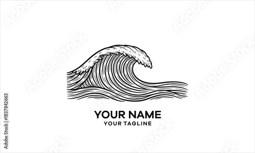 Stylized monochrome drawing of a powerful ocean wave breaking, featuring fine line work and a retro aesthetic.