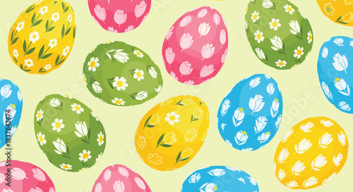 A vibrant pattern of colorful Easter eggs adorned with spring floral designs in yellow, green, pink, and blue on a light background.