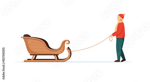 A person in a red jacket and winter hat pulls an empty wooden sleigh by a rope, depicting a classic winter activity.