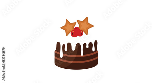 A delightful cartoon illustration of a festive chocolate cake with white dripping frosting, golden star cookies, and vibrant red berries on top.