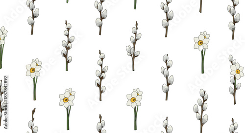 Seamless pattern featuring delicate pussy willow branches and cheerful white daffodils, evoking a sense of spring and Easter celebration.