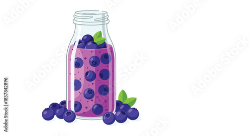 A refreshing and delicious blueberry smoothie served in a clear glass bottle, surrounded by fresh blueberries and green leaves, perfect for a healthy summer drink.