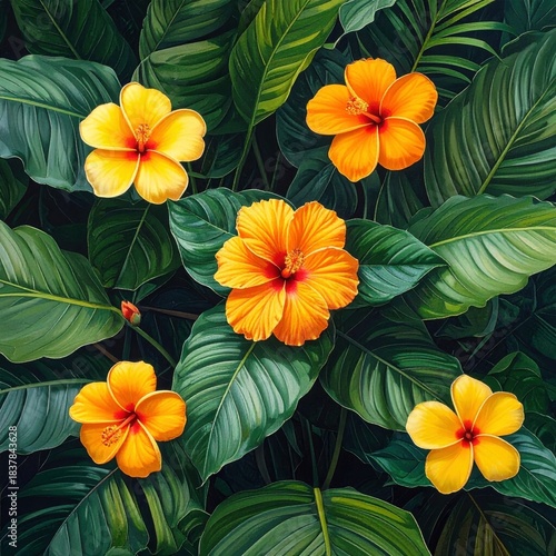 Wallpaper Mural Bright tropical flowers surrounded by lush green leaves. Torontodigital.ca