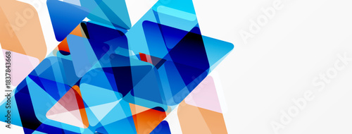 Abstract geometric shapes overlap, creating vibrant blue, orange hues. White space dominates right side, offering balance. Modern design.