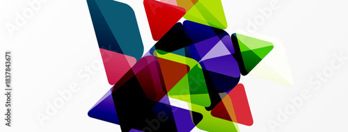 Abstract geometric shapes overlap, creating vibrant colorful composition. White background emphasizes dynamic design elements.