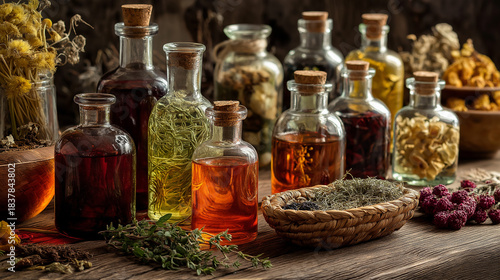 Herbal Medicine Bottles with Tinctures, Healing Berries and Natural Herbs – Alternative Therapy and Organic Remedy Concept