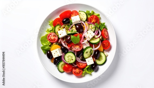 Vibrant Greek salad in a white bowl