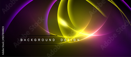 Abstract design features vibrant curves, gradients. Dark background emphasizes glowing yellow, purple elements. Text reads background design.