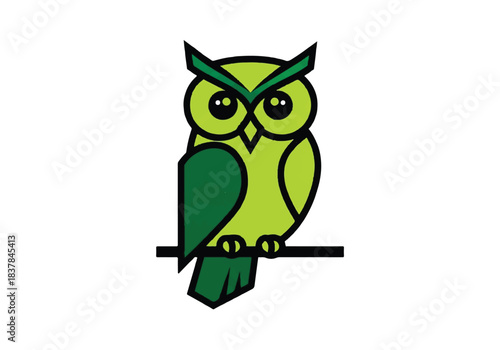 Stylized Green Owl Perched on Branch Minimalist Design.
