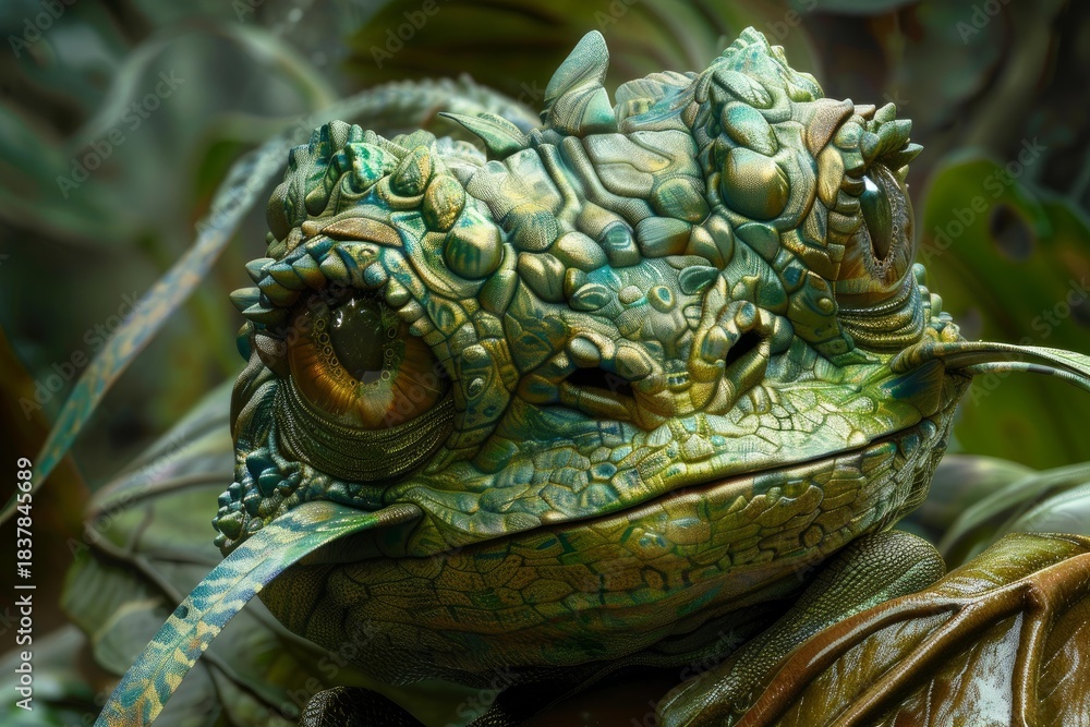 Obraz premium Close up of a baby dragon blending in with the jungle foliage, showcasing intricate scales and captivating eyes