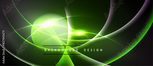 Abstract green design features flowing lines, bright light source. Dark background creates dramatic visual effect. Modern, dynamic composition.