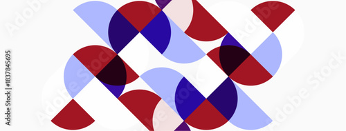 Abstract geometric pattern. Overlapping circles create dynamic composition. Red, blue, pale pink hues dominate white background. Modern design.