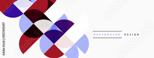 Abstract geometric pattern. Circles overlap creating dynamic visual effect. Red, purple, light blue hues dominate composition. Minimalist design.