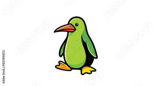 Green avocado penguin cartoon character standing upright with orange beak and feet.