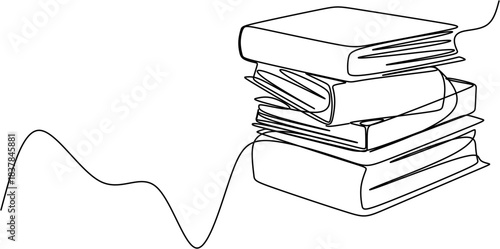 Continuous one-line drawing illustration of a stacked pile of books, symbolizing education, knowledge, and academic study. Minimalist graphic art.